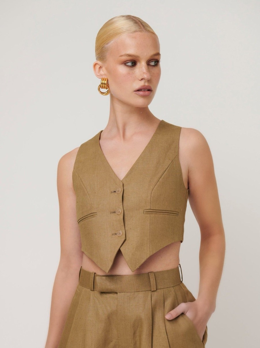 Women Effie Kats | Willow Vest-Olive Linen