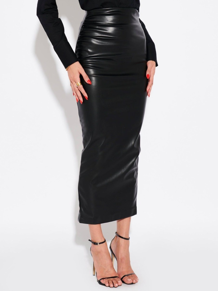 Women Effie Kats | Gathered Midi Skirt-Faux Black Stretch Leather