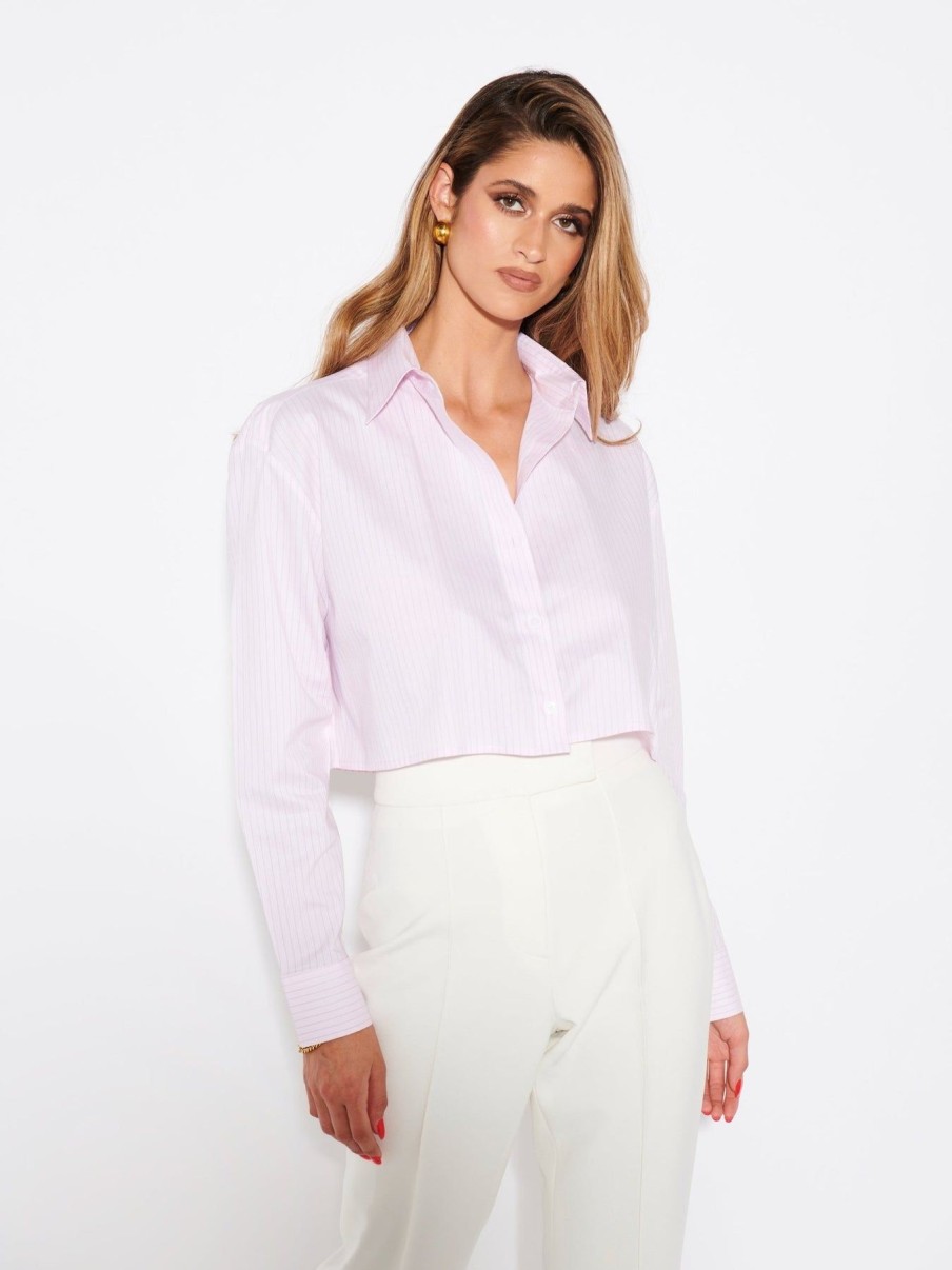 Women Effie Kats | Oversized Cropped Shirt-Light Pink Pinstripe